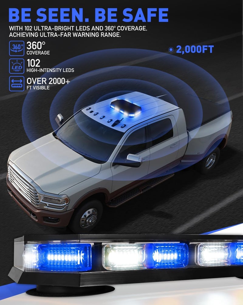 HLauto 406D Rooftop Emergency Strobe Lights Bar, 102 LED Blue White Mini Beacon Safety Flashing Warning Traffic Lights Bar w/Magnetic Base for 12-24V Trucks, Construction Vehicles, Snowplow, Cars - Image 3